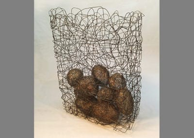 Gabion wire and stainless steel mesh sculpture full view grey background