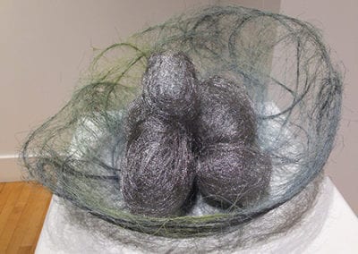 Green Nest felted stainless steel wire sculpture full view