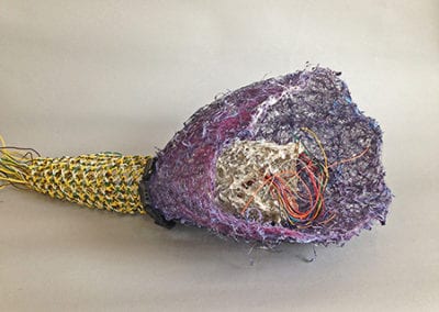 Power Surge mixed media wire sculpture full view 1 purple yellow white